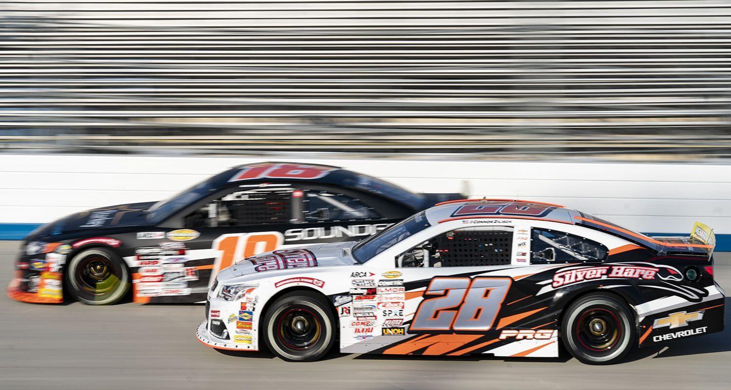 Connor Zilisch (No. 28) tangled with William Sawalich (No. 18) while battling for the lead in Friday’s General Tire 150 at Dover Motor Speedway. (Photo Credit: Bonnie Cash | ARCA0 