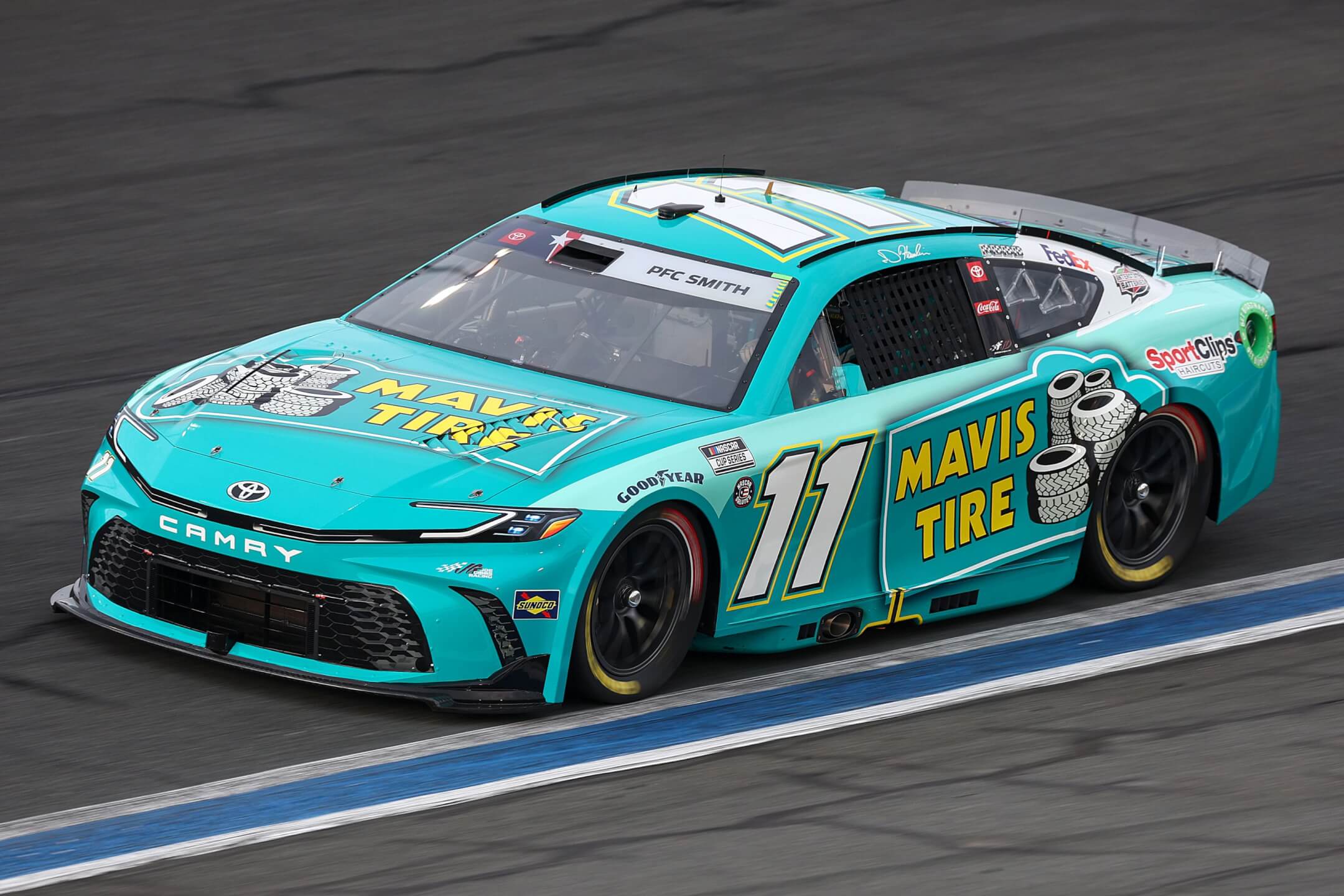 Denny Hamlin, driver of the No. 11 Mavis Tire Toyota, drives during qualifying for the NASCAR Cup Series Coca-Cola 600 at Charlotte Motor Speedway on May 25, 2024 in Concord, North Carolina. (Photo Credit: Jared C. Tilton | Getty Images)